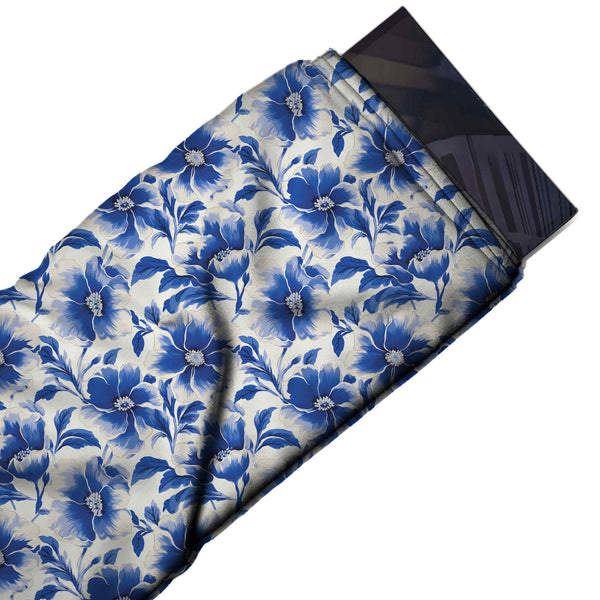 Off-White & Cobalt Blue Painted Poppies Printed Pure Natural Crepe Fabric