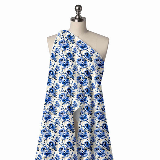 Off-White & Cobalt Blue Peony Bouquet Printed Pure Natural Crepe Fabric