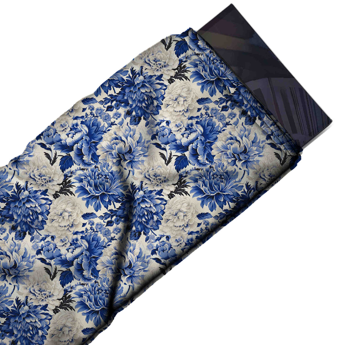 Flat fabric swatch: packed all-over layout of large finely shaded peony and chrysanthemum, design Design No_4537, Clothwala