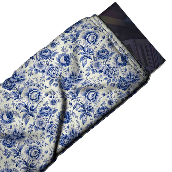 Off White & Cobalt Blue Porcelain Roses Printed Armani Satin Fabric