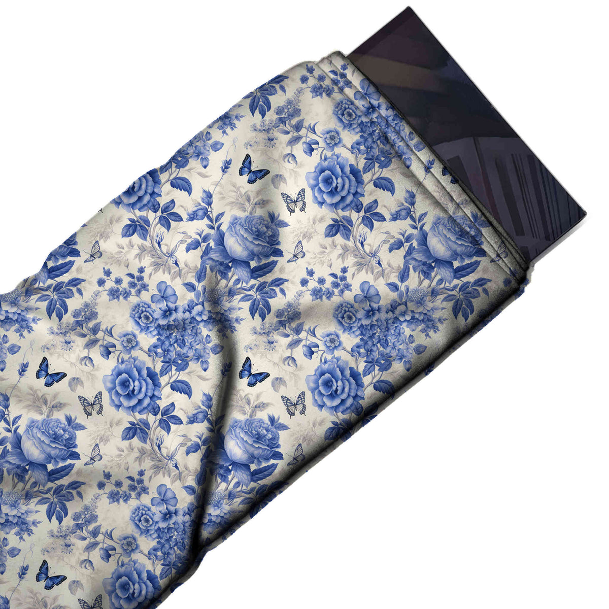 Flat fabric swatch: dense all-over floral of shaded cobalt blue roses and blossom clusters with blue, design 3588, Clothwala
