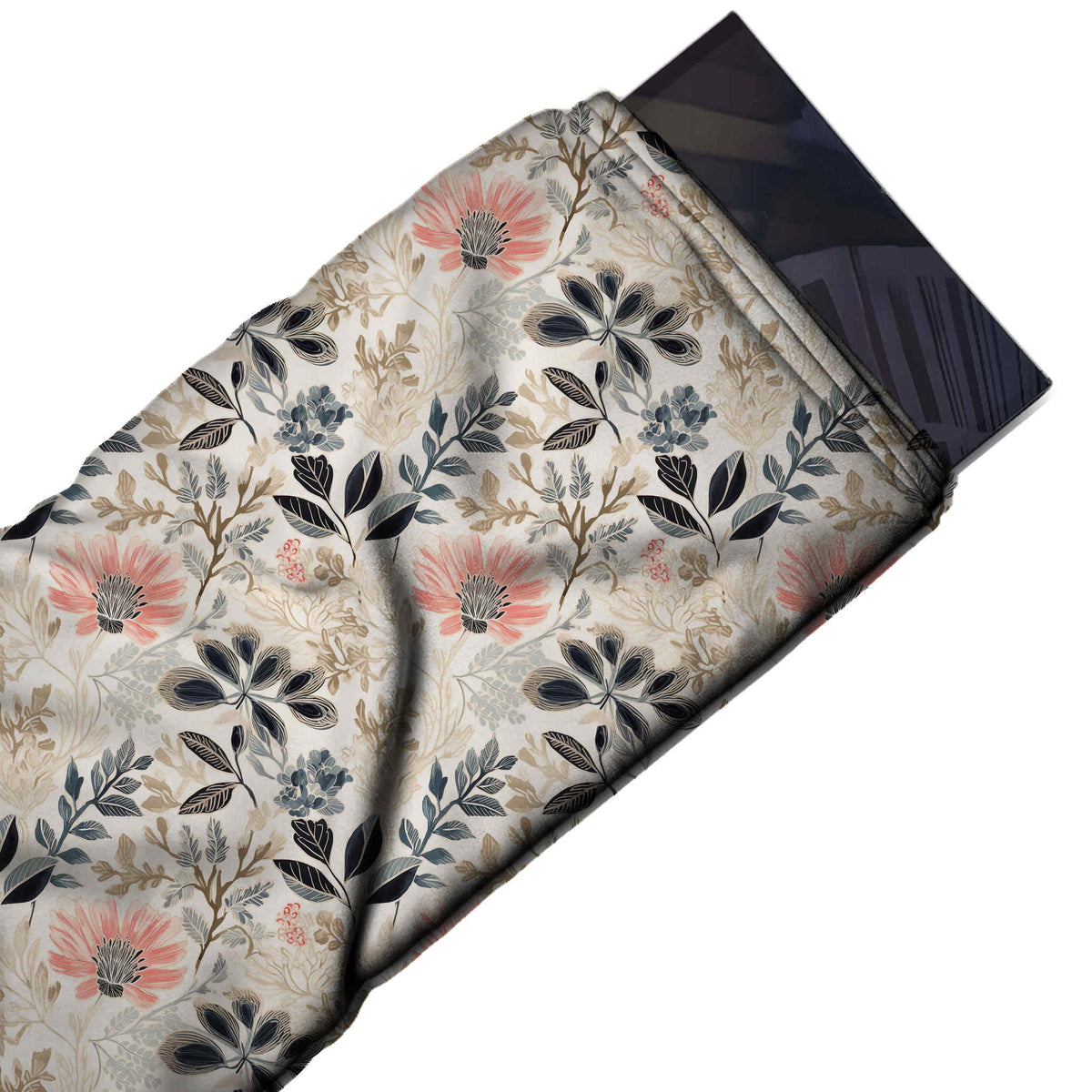 Flat fabric swatch: all-over floral of coral pink flowers and charcoal and grey leaf sprays over, design 3553, Clothwala