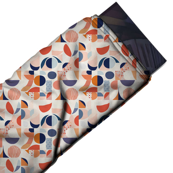 Off-White & Coral Red Mid-Century Collage Shapes Printed French Crepe Fabric