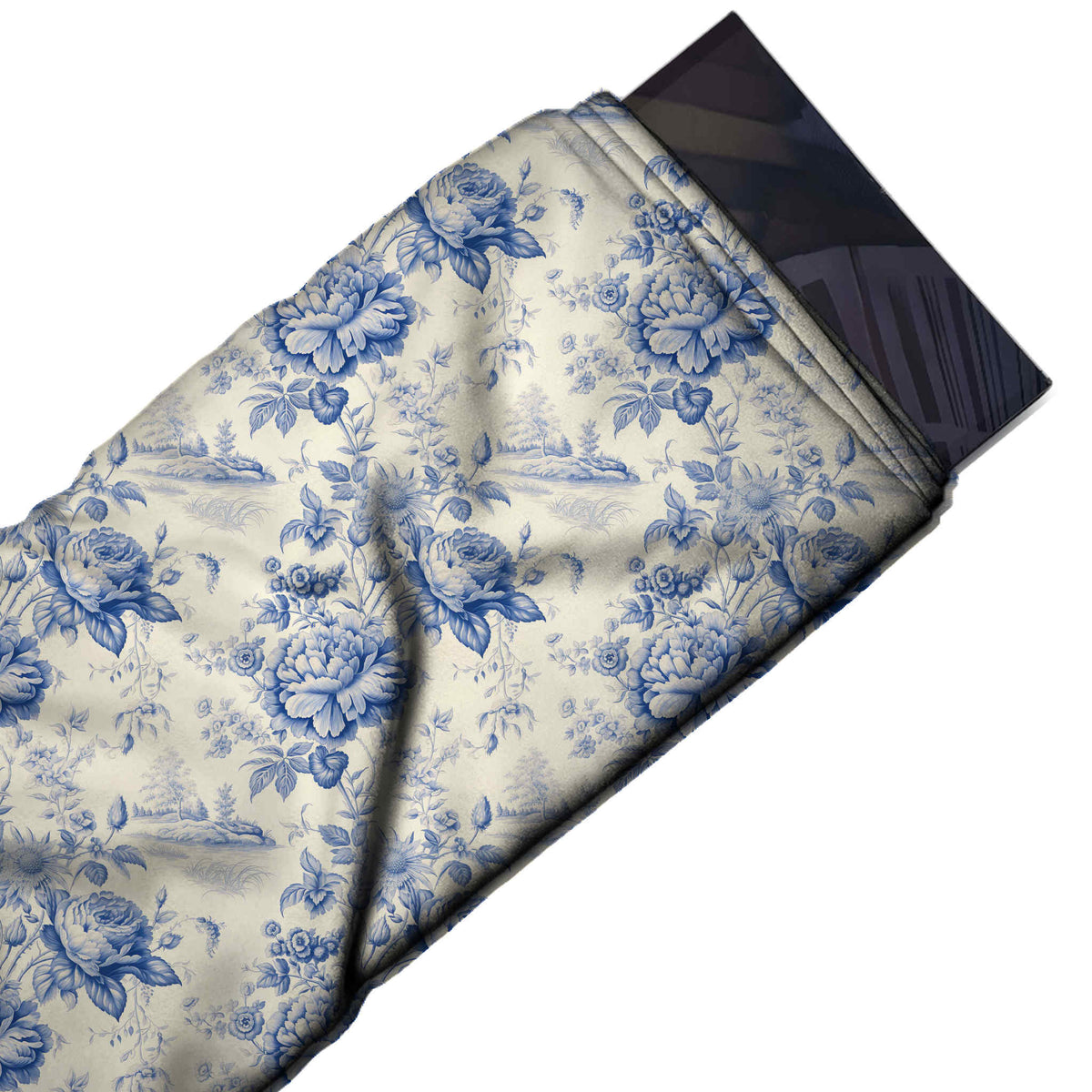 Flat fabric swatch: all-over layout of cornflower and royal blue peony and rose bouquets with pale, design 3607, Clothwala