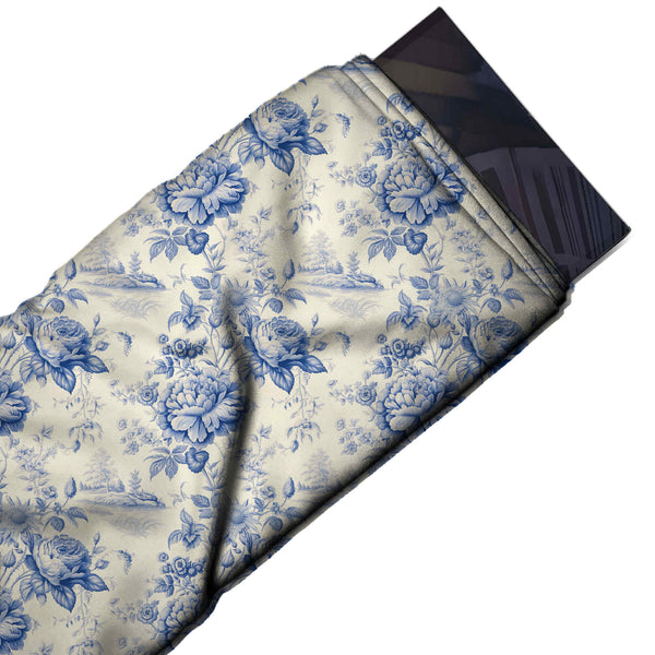 Off White & Cornflower Blue Peony & Landscape Toile Printed Armani Satin Fabric