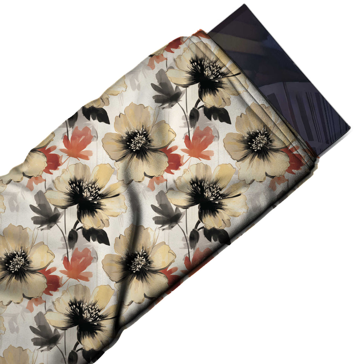 Flat fabric swatch: large-scale all-over floral of cream beige anemone-style flowers with black, design 3646, Clothwala
