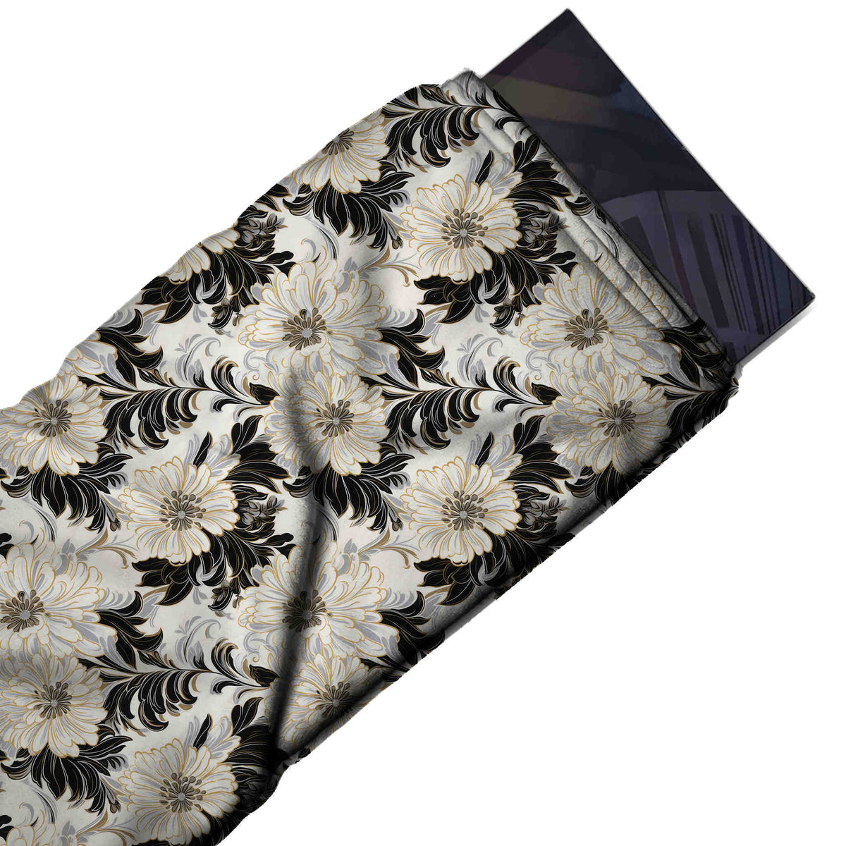 Flat fabric swatch: dense all-over floral of medium-large cream many-petalled blooms with, design Design No_4375, Clothwala