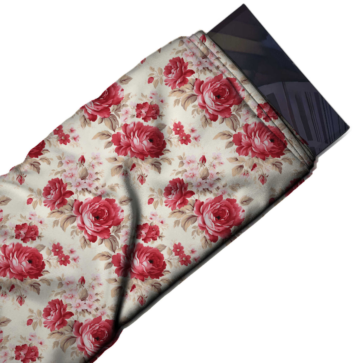 Flat fabric swatch: spaced all-over layout of crimson red roses with rosebuds and beige leaves, design 3617, Clothwala
