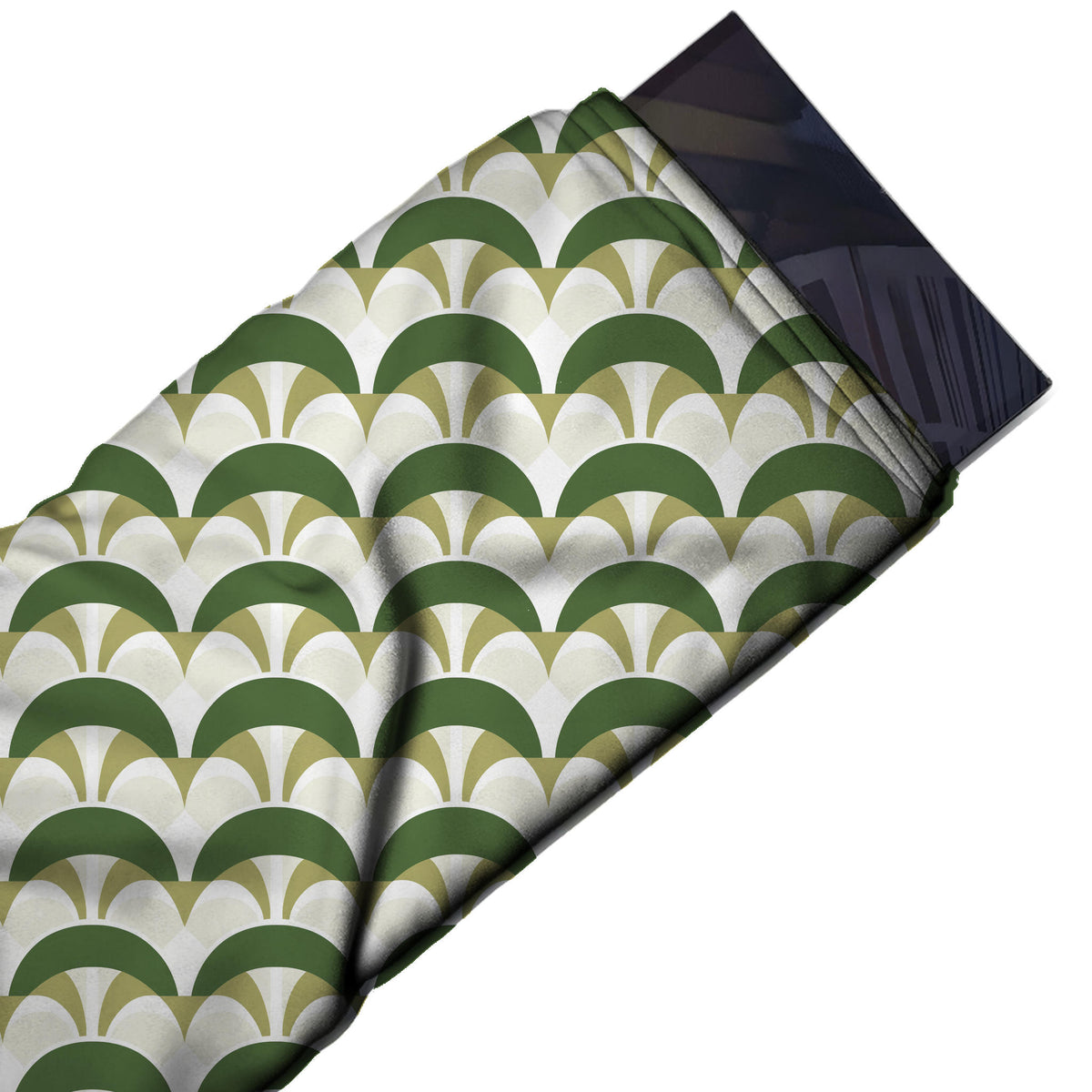 Flat fabric swatch: all-over retro geometric of medium dark green crescent arches in, design Design No_4191, Clothwala