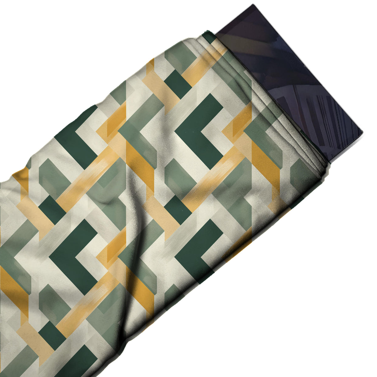 Flat fabric swatch: all-over geometric of left-pointing dark green chevrons interlocked, design Design No_4311, Clothwala