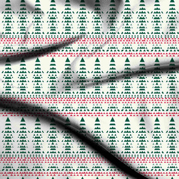 Off White & Dark Green Triangle Christmas Trees Printed Printed American Crepe Fabric Fabric