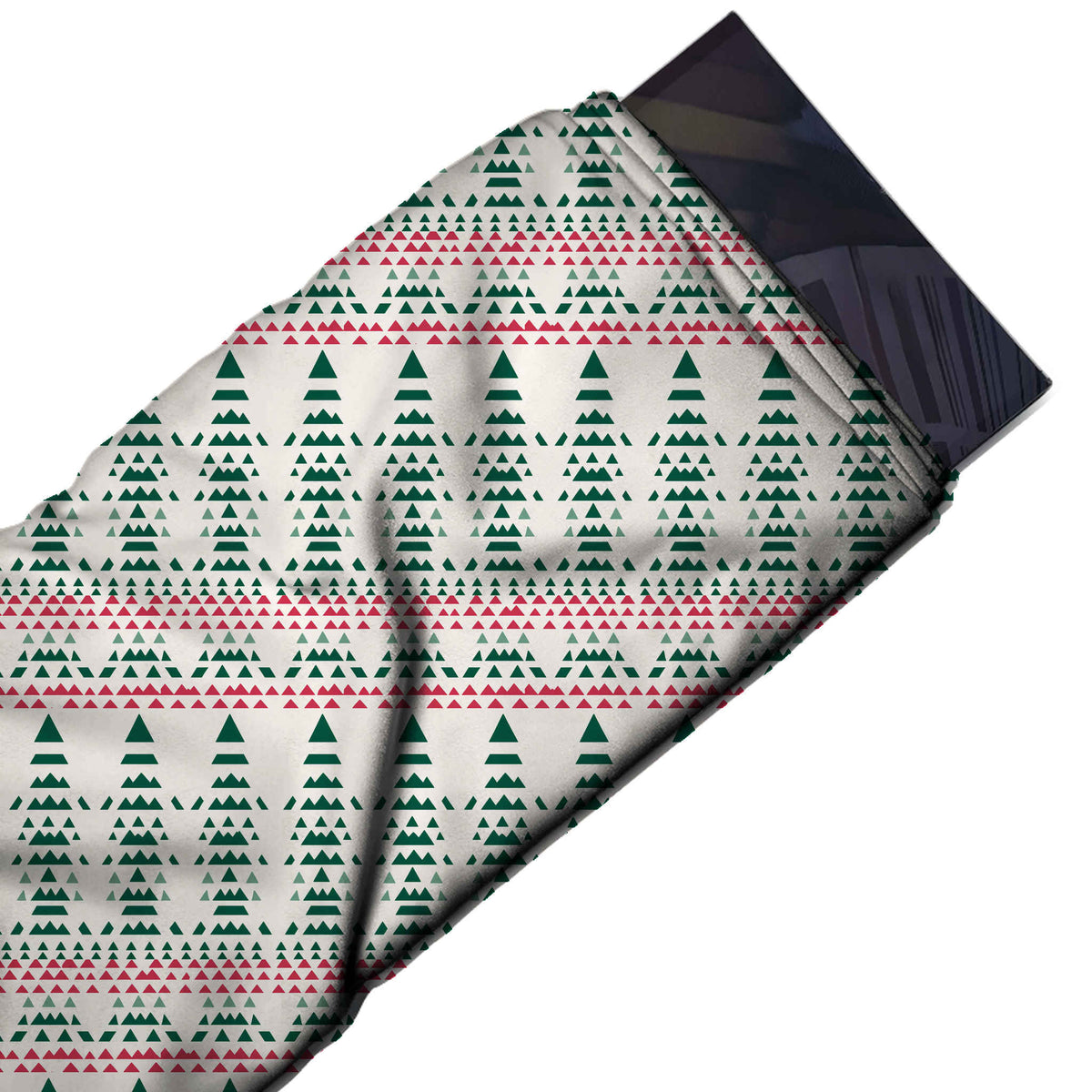 Flat fabric swatch: rows of upright dark green Christmas trees constructed from small, design Design No_4847, Clothwala