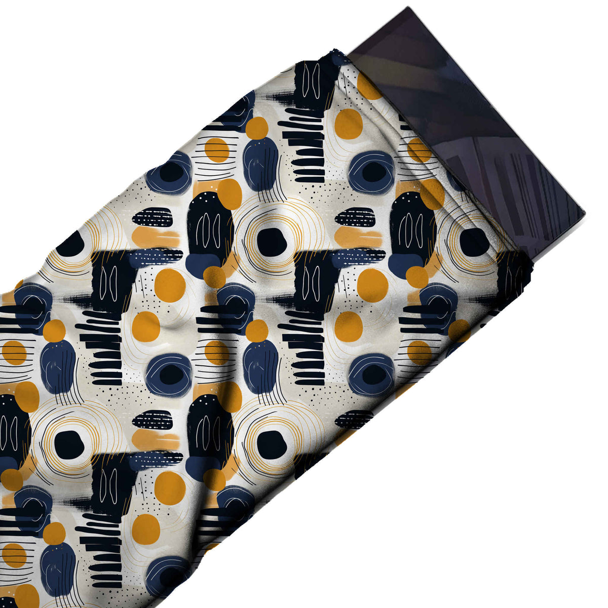 Flat fabric swatch: all-over abstract of medium-scale dry-brushed navy blocks and stacked bars, design 3693, Clothwala