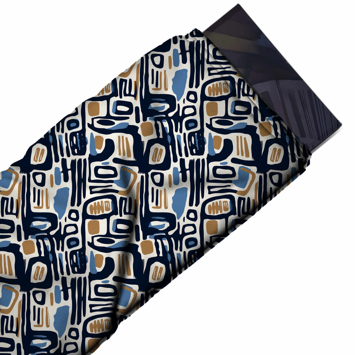 Flat fabric swatch: all-over abstract of thick dark navy hand-drawn lines forming rounded, design 3697, Clothwala