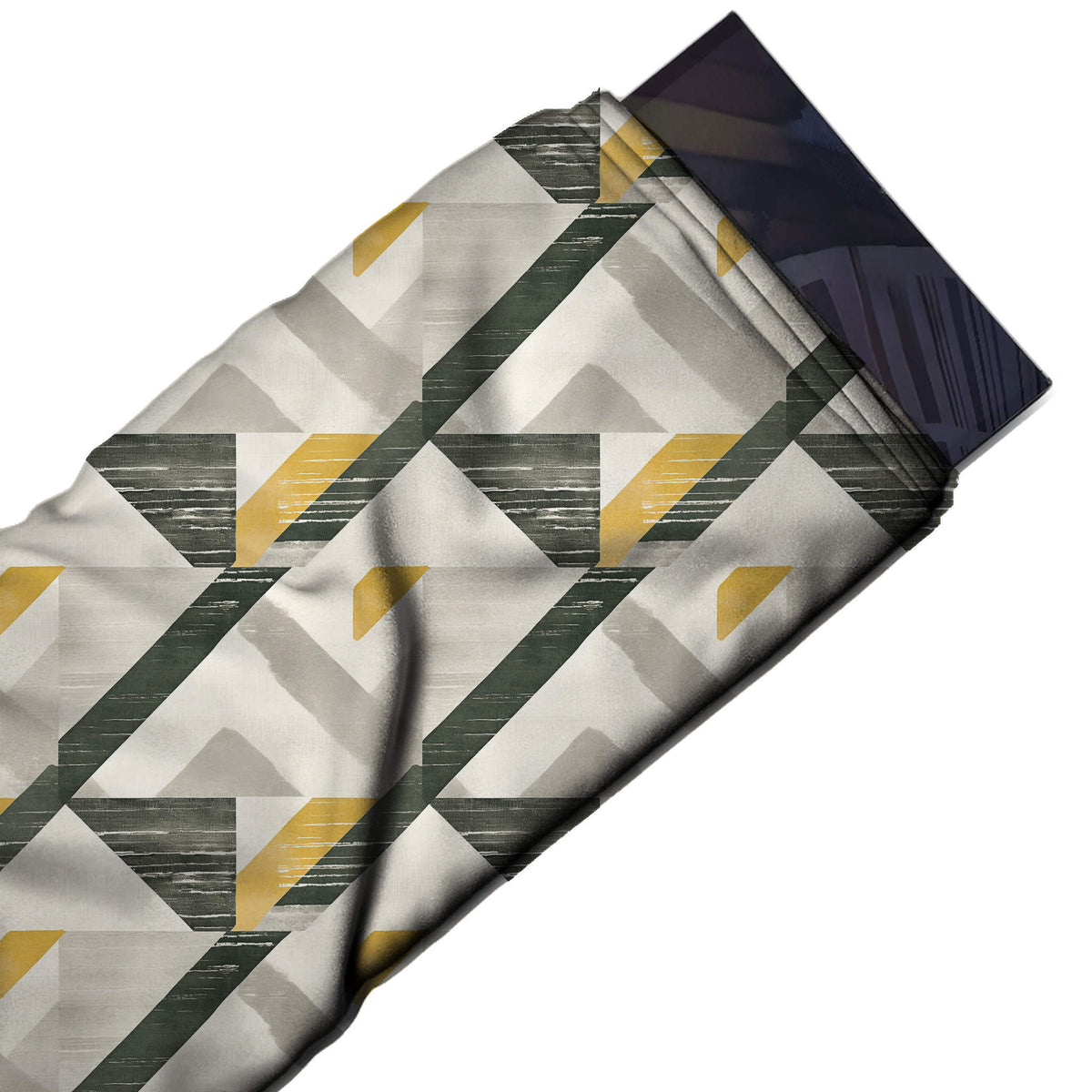 Flat fabric swatch: large-scale geometric of dark olive diagonal bands crossing, design Design No_4318, Clothwala