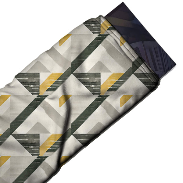 Off White & Dark Olive Diagonal Band & Triangle Printed Pure Natural Crepe Fabric