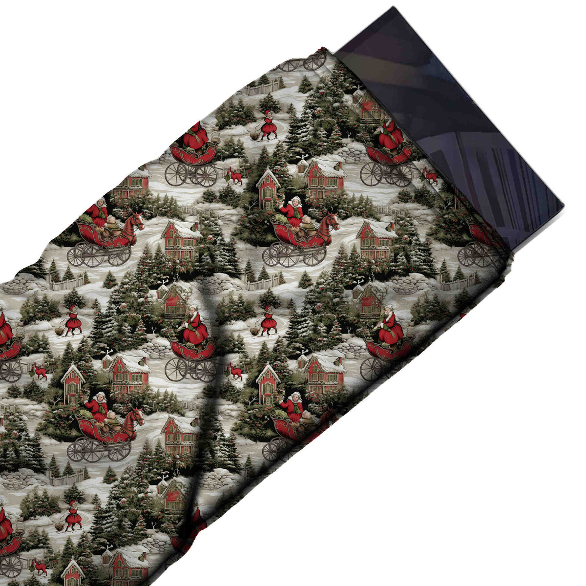 Flat fabric swatch: dense one-way painterly scenic of Santa in a deep red horse-drawn, design Design No_4749, Clothwala