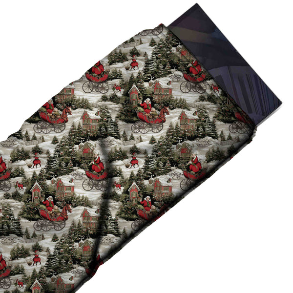 Off White & Dark Olive Green Santa Horse Carriage Printed Printed American Crepe Fabric Fabric