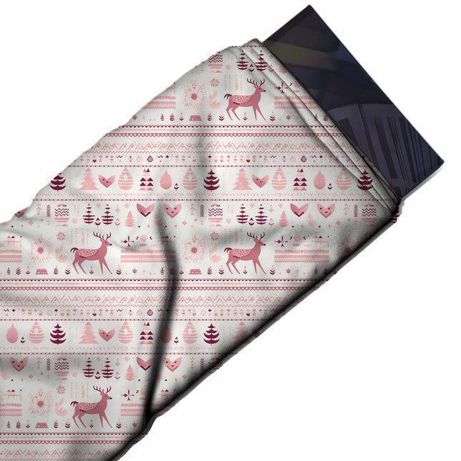 Flat fabric swatch: horizontal band layout with a medium-small leaping stag in dusty rose, design Design No_4507, Clothwala