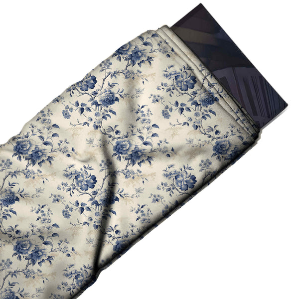 Off White & Indigo Blue Peony Branch Printed Armani Satin Fabric