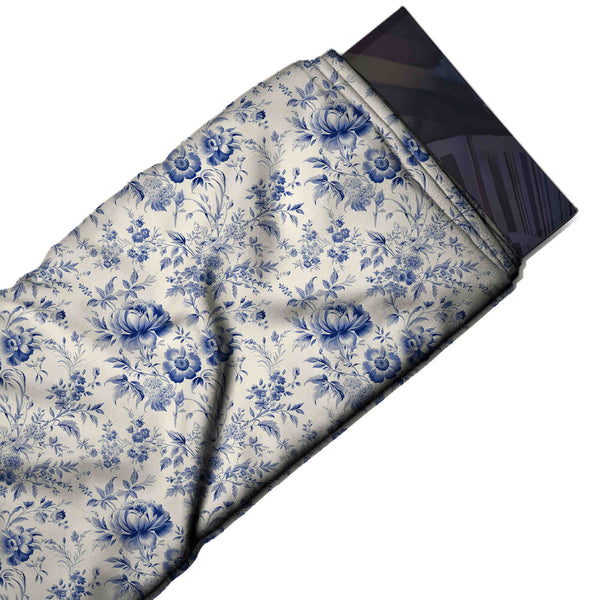 Off White & Indigo Blue Peony Sprays Printed Armani Satin Fabric