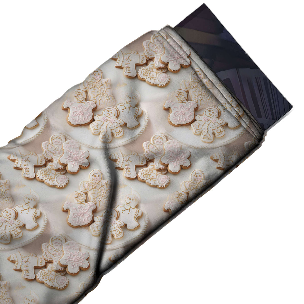 Flat fabric swatch: all-over photographic layout of gingerbread men and snowflake biscuits, design Design No_4862, Clothwala