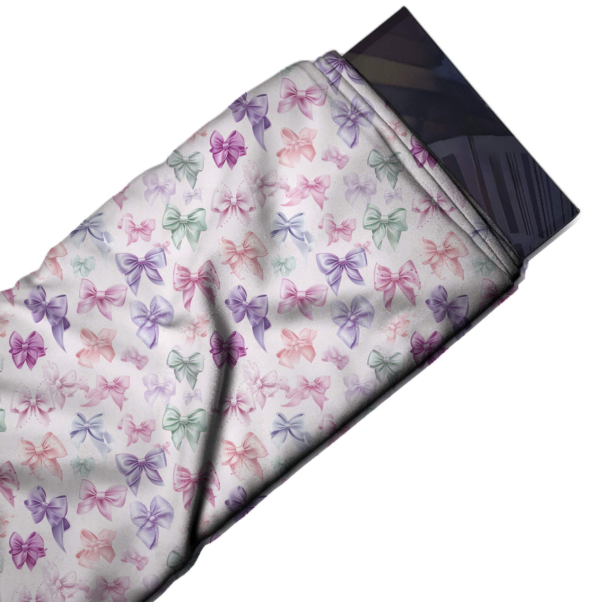 Flat fabric swatch: busy all-over print of small glossy bows in lilac, pale pink, design Design No_4425, Clothwala