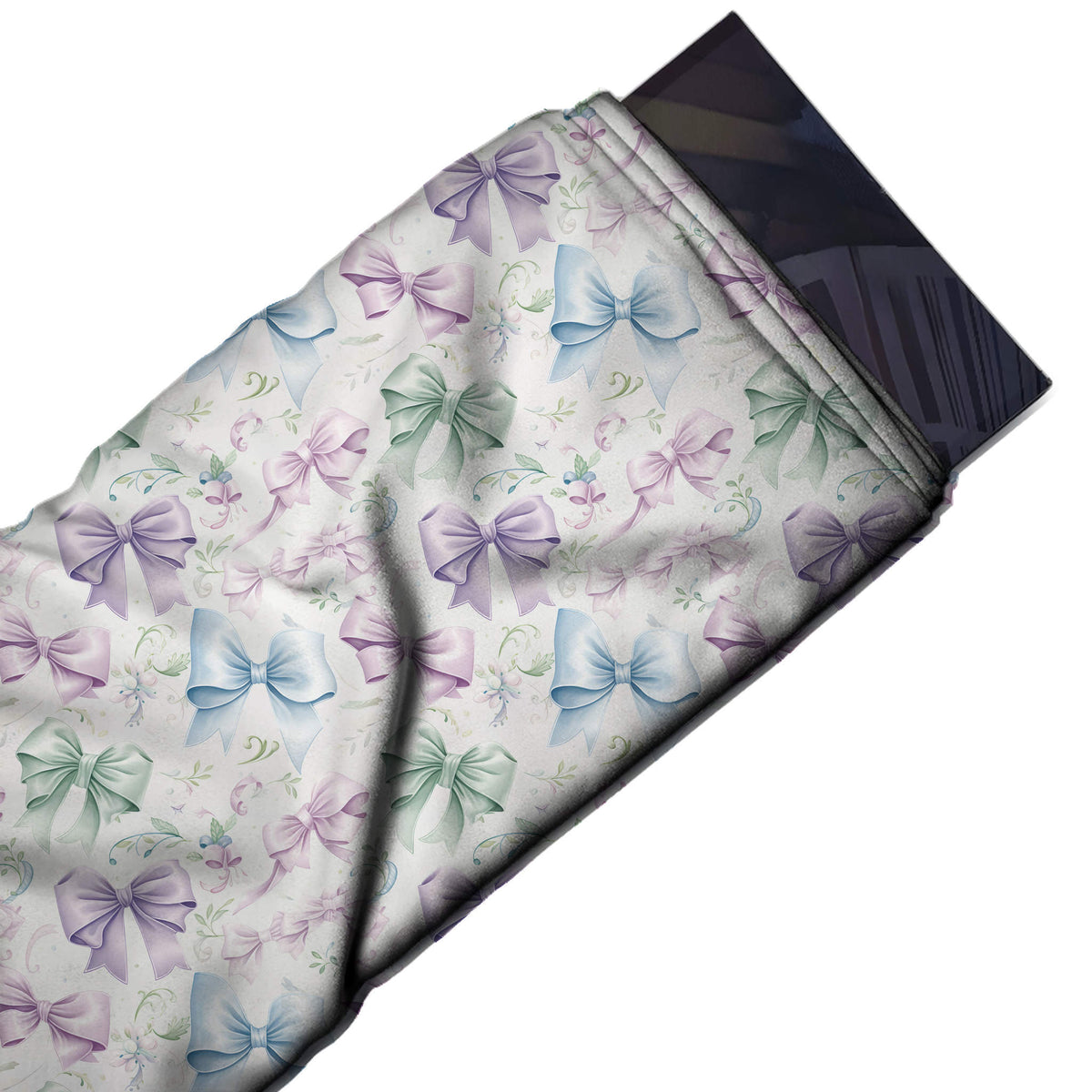 Flat fabric swatch: all-over layout of medium softly shaded bows in mint green, lilac, design Design No_4415, Clothwala