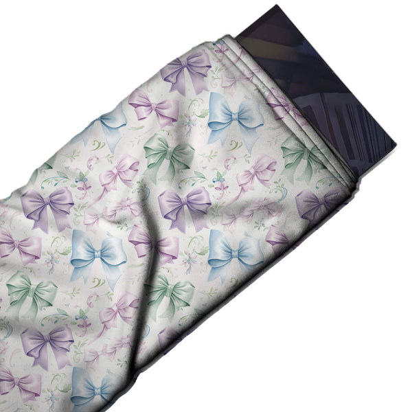 Off White & Lilac Pastel Bows & Scrolls Printed Pure Natural Crepe Fabric