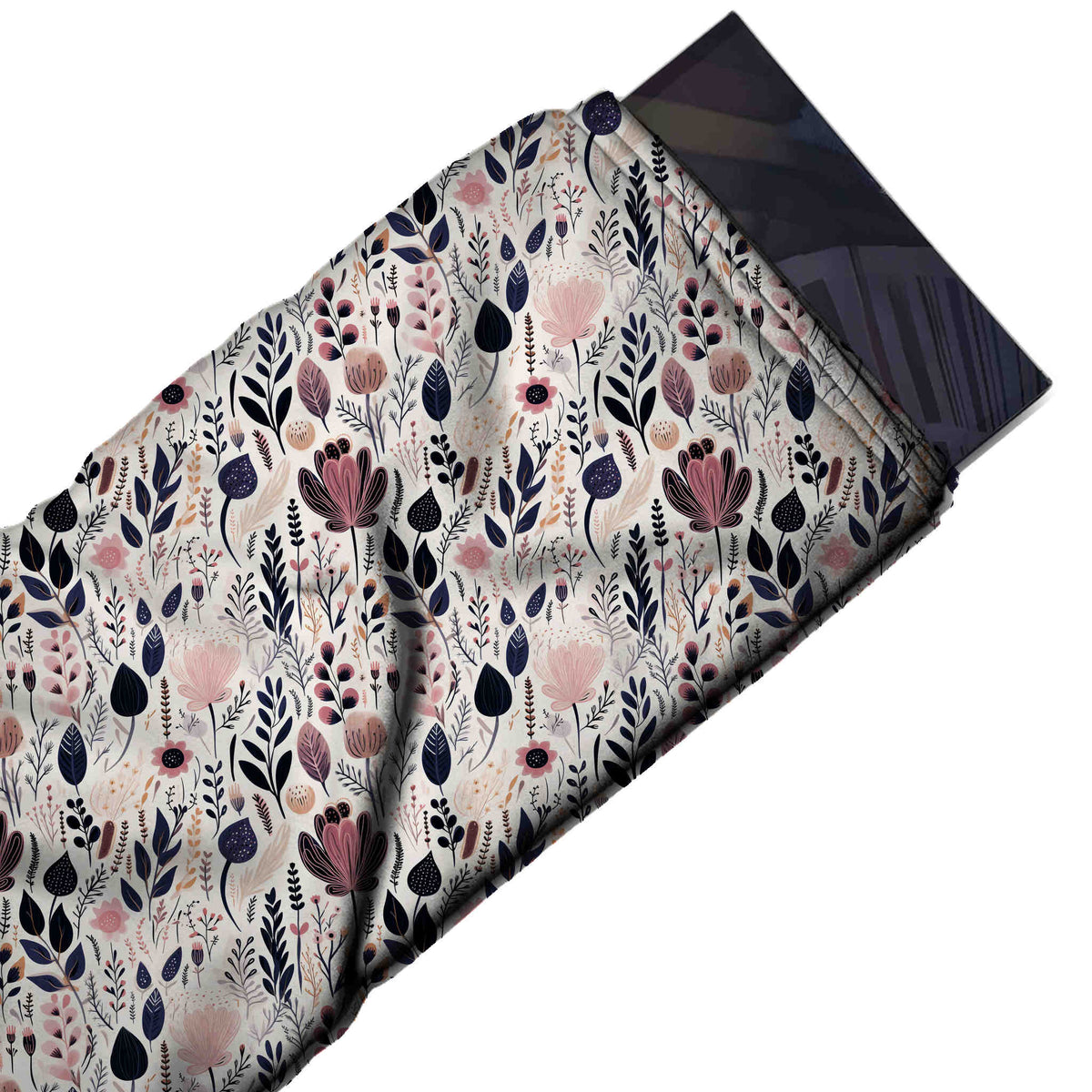 Flat fabric swatch: all-over one-way meadow layout of upright stems with mauve and blush pink, design 3550, Clothwala