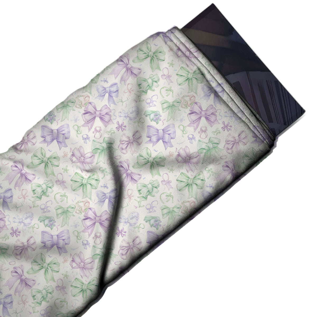 Flat fabric swatch: busy tossed layout of small outlined bows in mint green, lilac, design Design No_4416, Clothwala