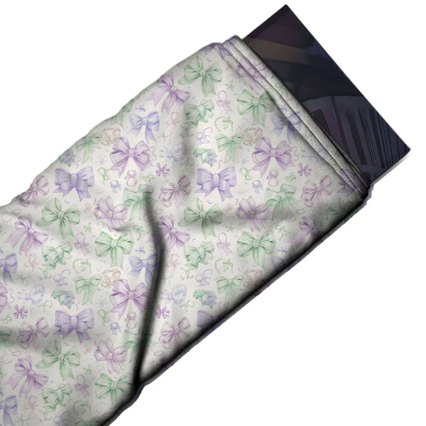 Off White & Mint Green Lilac Mini Bows Printed Pure Natural Crepe Fabric