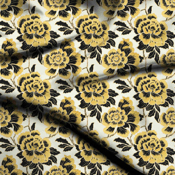 Off White & Mustard Yellow Black Peonies Printed French Crepe Fabric