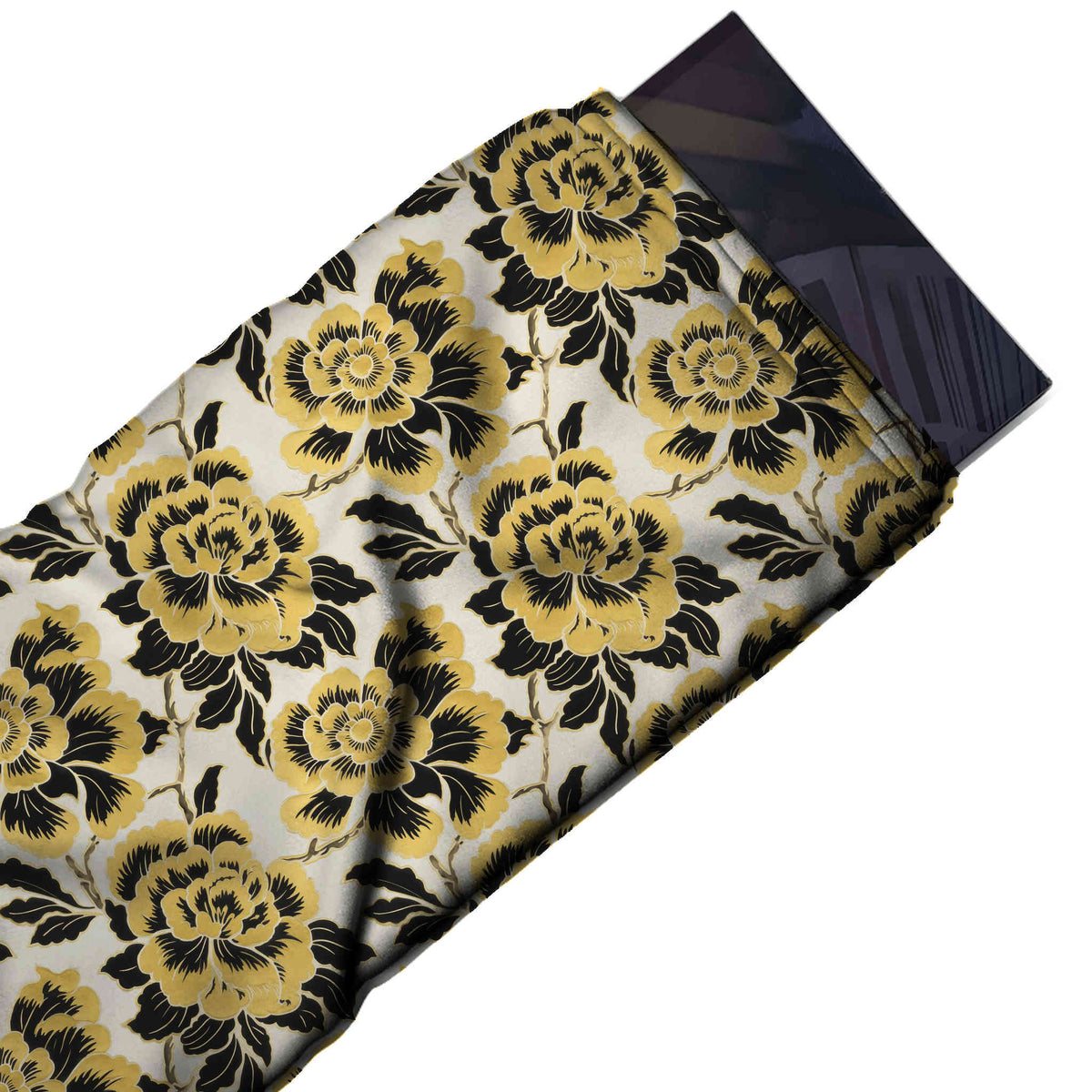 Flat fabric swatch: all-over layout of large mustard yellow peony blooms with black, design Design No_4204, Clothwala