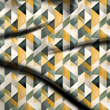 Off White & Mustard Yellow Faceted Triangle Columns Printed Pure Natural Crepe Fabric