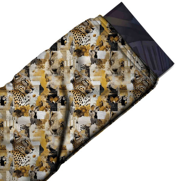 Off White & Mustard Yellow Leopard Profile & Flowers Printed Moss Crepe Fabric