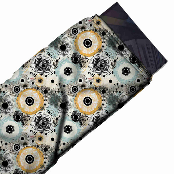 Off White & Mustard Yellow Radial Dandelion Discs Printed Pure Natural Crepe Fabric