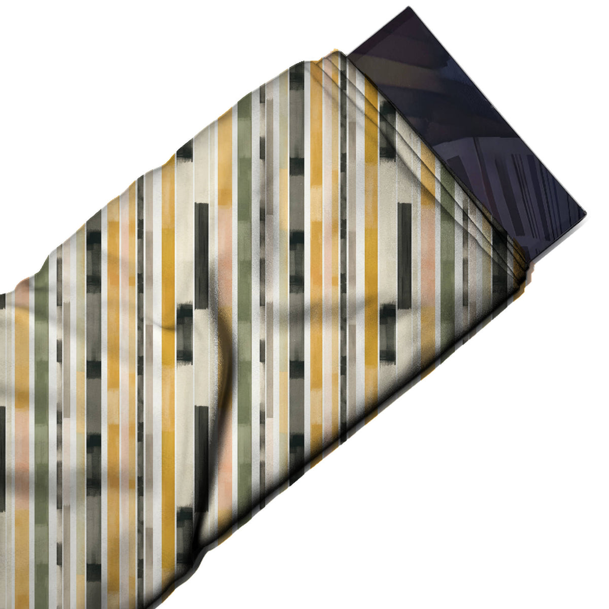 Flat fabric swatch: vertical multi-width stripe of watercolour-painted bars in mustard, design Design No_4314, Clothwala