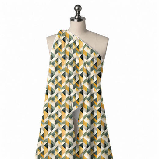 Off White & Mustard Yellow Watercolour Facet Triangles Printed Pure Natural Crepe Fabric
