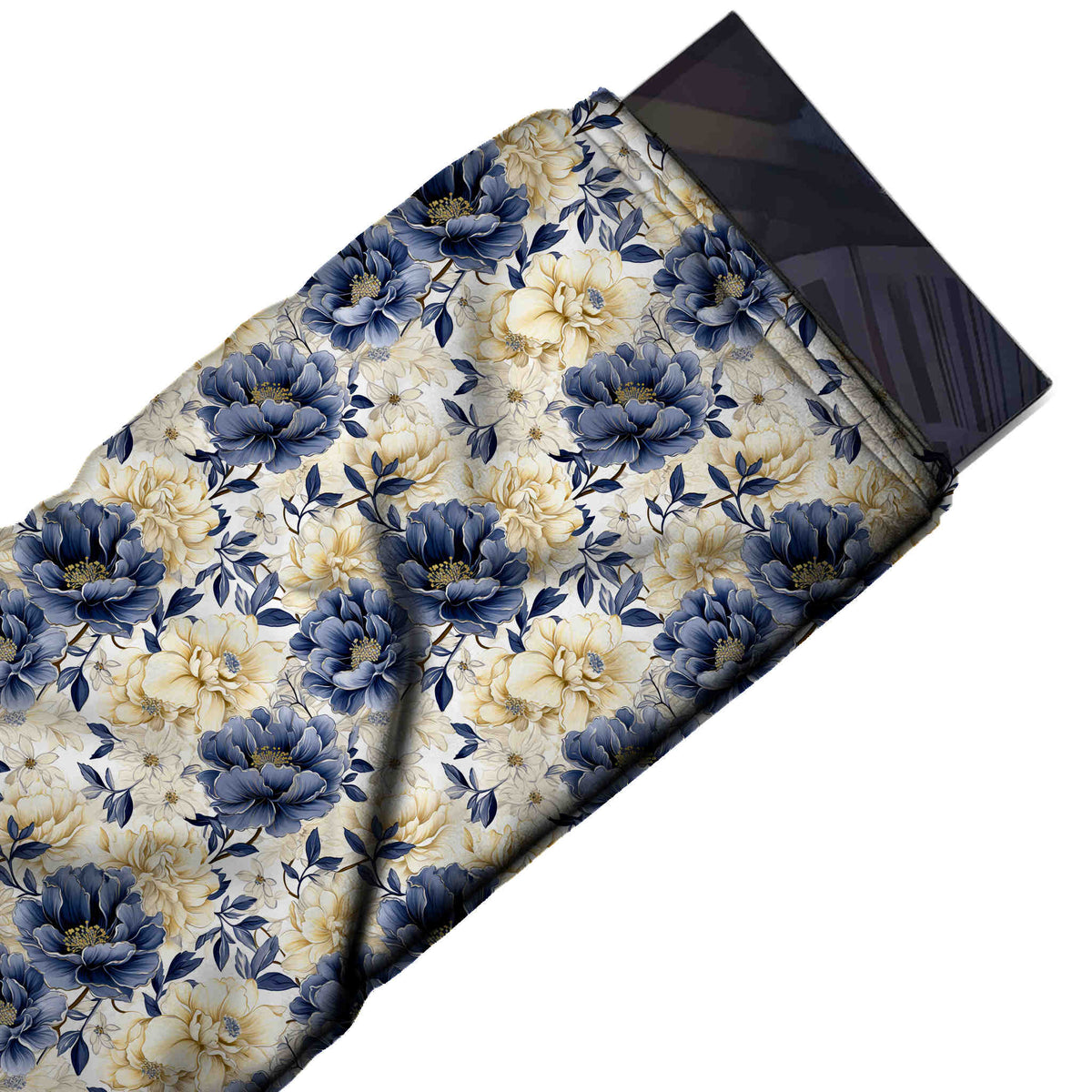 Off White & Navy Blue Peony & Lemon Bloom Printed Moss Crepe Fabric - flat fabric swatch, design Design No_3766, Clothwala