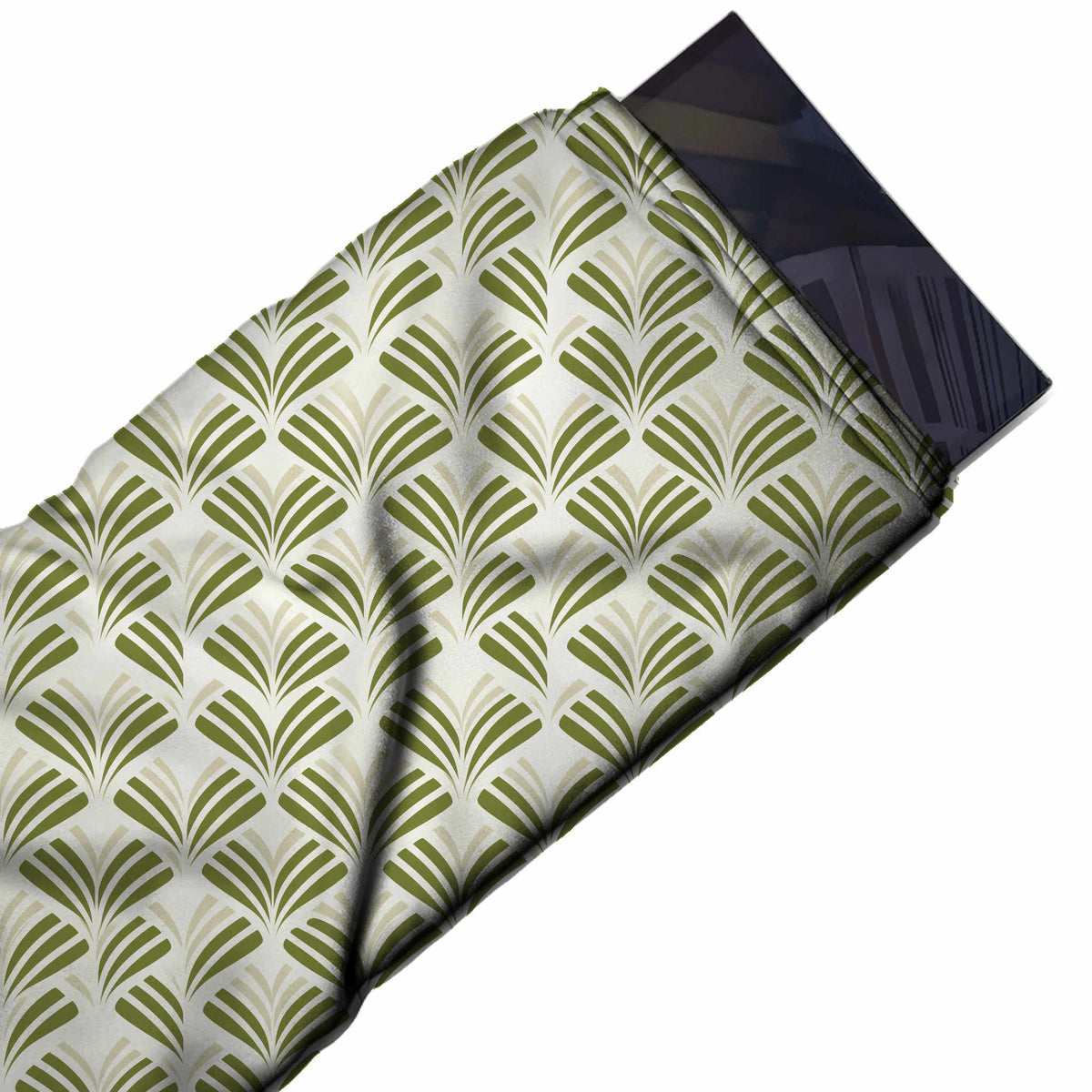 Flat fabric swatch: all-over half-drop layout of olive green fans made of curved, design Design No_4189, Clothwala