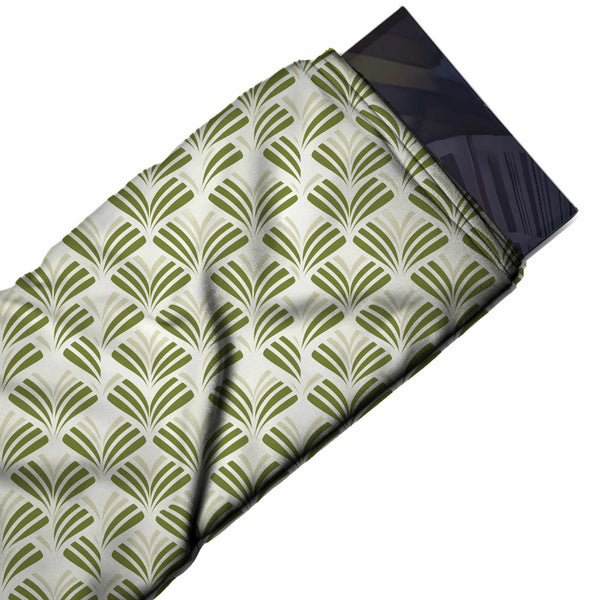 Off-White & Olive Green Palmette Leaf Fans Printed French Crepe Fabric