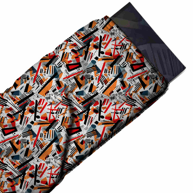 Flat fabric swatch: busy all-over geometric of diagonal black bars and striped bands, design Design No_4052, Clothwala