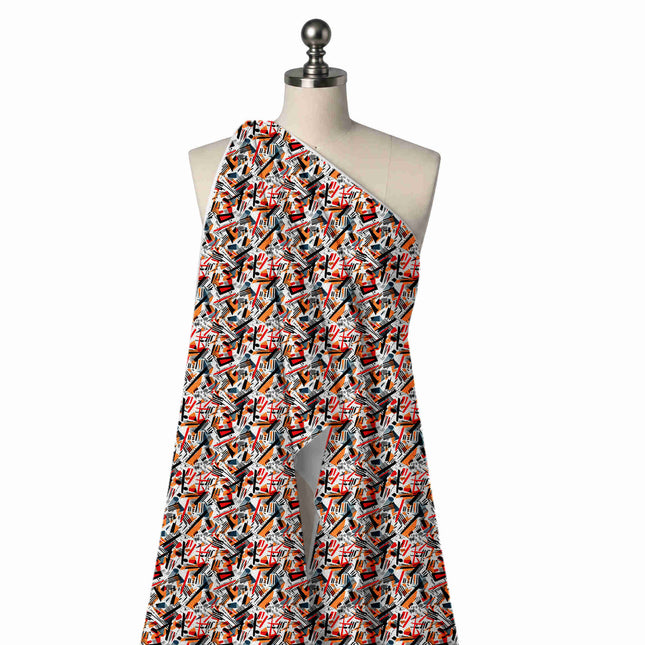 Draped on a mannequin: busy all-over geometric of diagonal black bars and striped bands, design Design No_4052, Clothwala