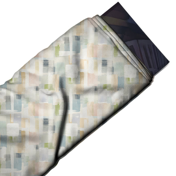 Off White & Pale Blue Grey Brushed Block Weave Printed French Crepe Fabric