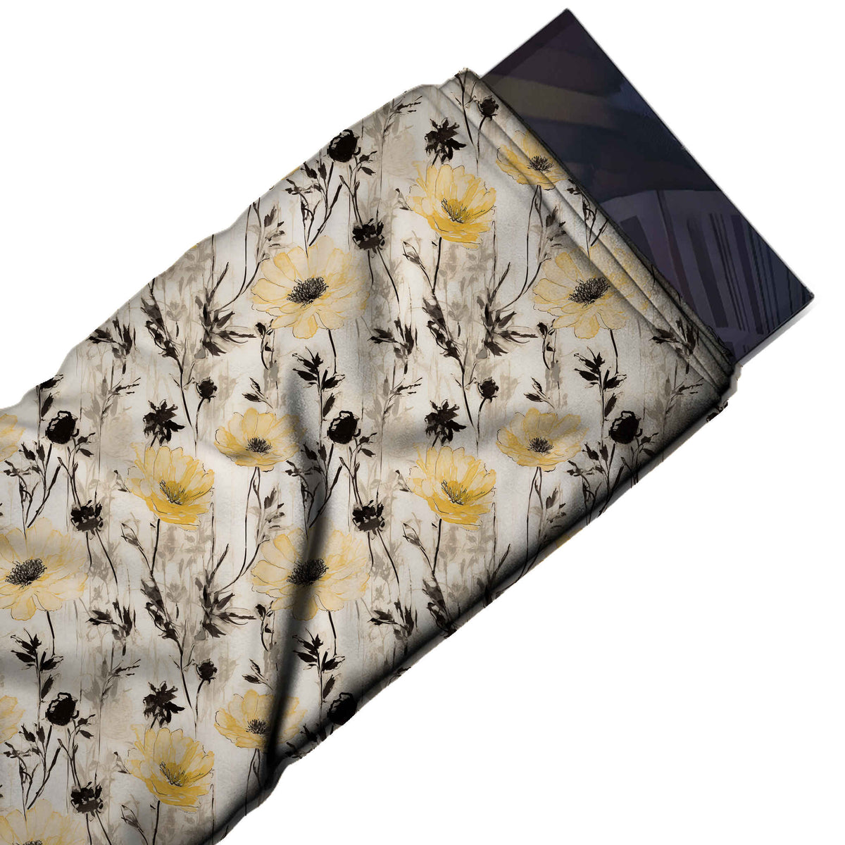 Flat fabric swatch: one-way meadow floral of medium-scale pale and golden yellow open flowers, design 3667, Clothwala