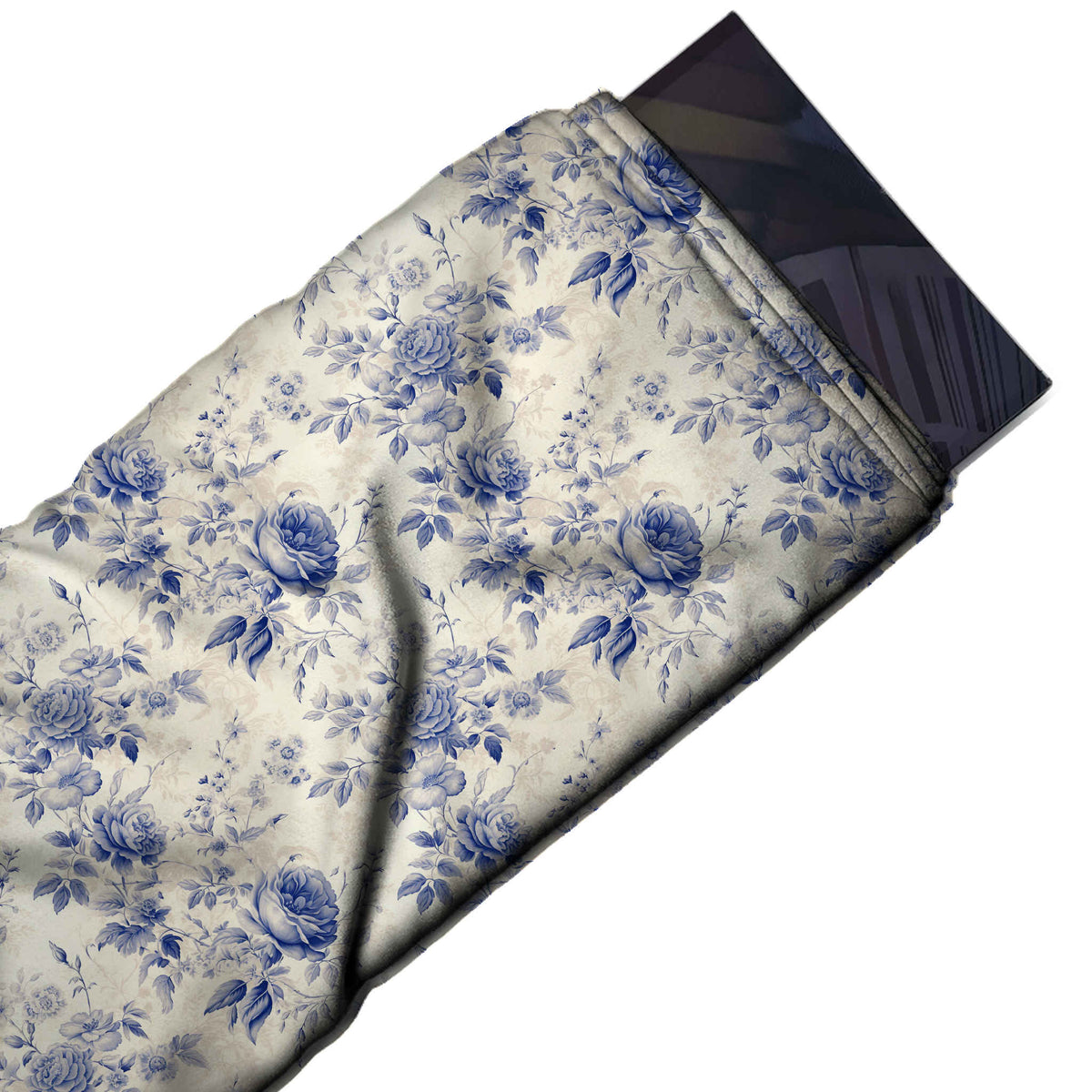 Flat fabric swatch: all-over layout of softly shaded periwinkle and indigo roses with lavender grey, design 3601, Clothwala