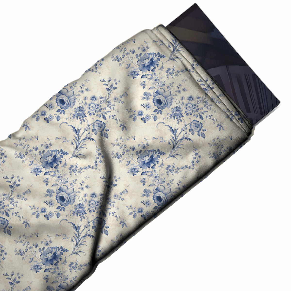Flat fabric swatch: open all-over layout of powder and slate blue roses with upward-curving feathery, design 3611, Clothwala