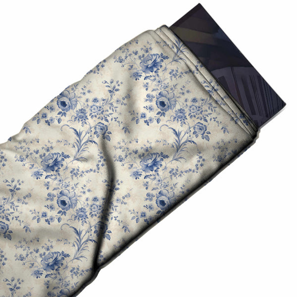 Off White & Powder Blue Rose & Feather Frond Printed Armani Satin Fabric
