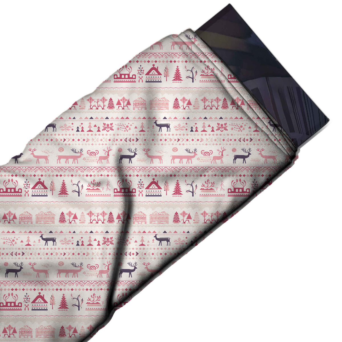 Flat fabric swatch: horizontal band layout of small reindeer in charcoal grey and salmon, design Design No_4503, Clothwala